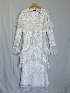 90s Vintage Design‎ Today's White Stretch Lace Tunic Maxi Skirt Cord Set Large
